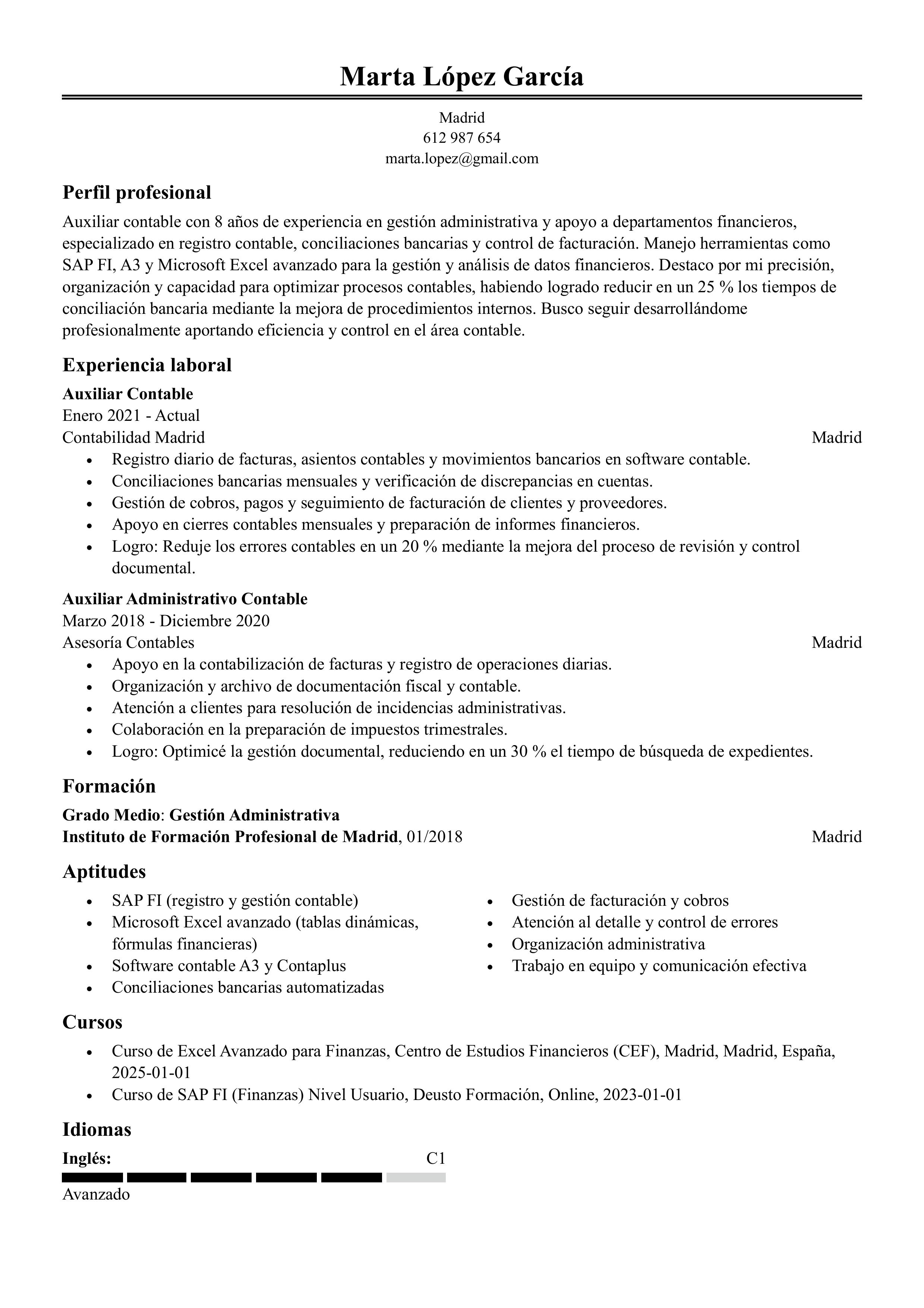 Ejemplo de currículum de comercial de ventas